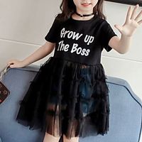 Kids Little Girls' Dress Letter Tutu Dresses Mesh Print White Black Knee-length Short Sleeve Basic Dresses Summer Regular Fit 3-8 Years miniinthebox - thumbnail