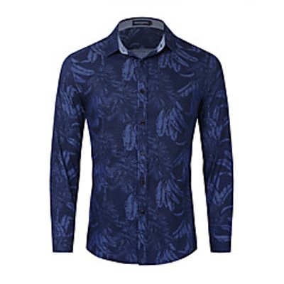Men's Shirt Leaves Button-Down Print Long Sleeve Casual Tops Cotton Casual Fashion Comfortable Blue miniinthebox