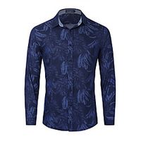 Men's Shirt Leaves Button-Down Print Long Sleeve Casual Tops Cotton Casual Fashion Comfortable Blue miniinthebox - thumbnail