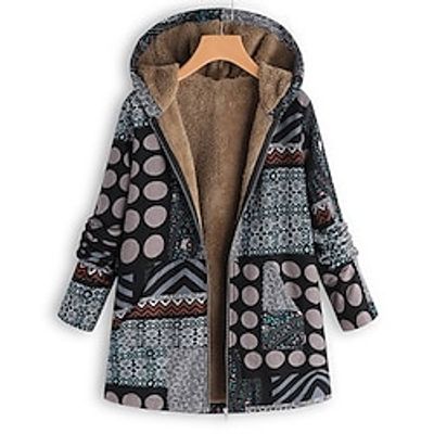 Women's Plus Size Winter Jacket Fleece Jacket Pocket Print Graphic Color Block Tribal Outdoor Causal Long Sleeve Hooded Regular Winter Fall Black Red L XL XXL 3XL 4XL Lightinthebox