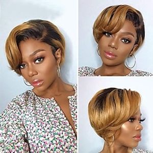 Short Pixie Cut Wig Human Hair Wigs Straight Bob Wigs With Bangs Full Machine Human Hair Wig for Black Women Black  Ombre Lightinthebox