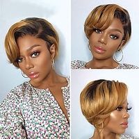 Short Pixie Cut Wig Human Hair Wigs Straight Bob Wigs With Bangs Full Machine Human Hair Wig for Black Women Black  Ombre Lightinthebox - thumbnail