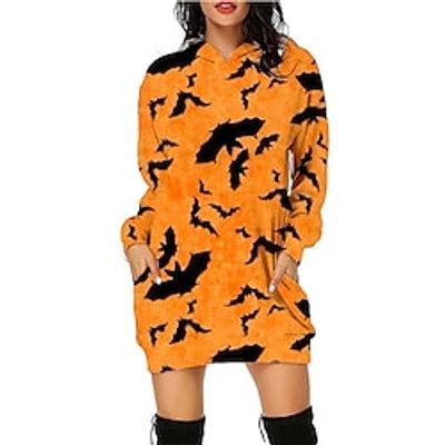 Women's Hoodie Dress Winter Dress Light Yellow Black Yellow Orange Gray Long Sleeve Cat Pocket Print Winter Fall Hooded Stylish Casual Fall Dress Loose Fit 2022 2XS XS S M L XL 2XL 3XL 4XL 5XL Lightinthebox
