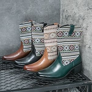 Men's Boots Western Cowboy Boots Formal Shoes Bohemian Print Vintage Casual Outdoor Daily PU Slip-on Comfortable Mid-Calf Boots Zipper Black Yellow Brown Winter miniinthebox