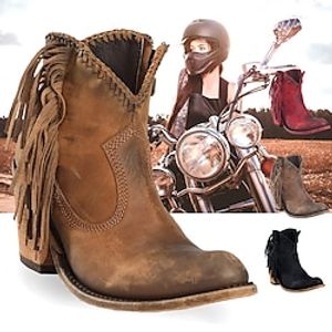 Women's Boots Cowboy Boots Plus Size Cowgirl Boots Outdoor Daily Booties Ankle Boots Winter Tassel Block Heel Round Toe Vintage Elegant Walking PU Zipper Solid Color Black Red Light Grey miniinthebox