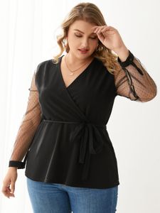 YOINS Plus Size V-neck Mesh Patchwork Wrap Design Long Sleeves Blouse