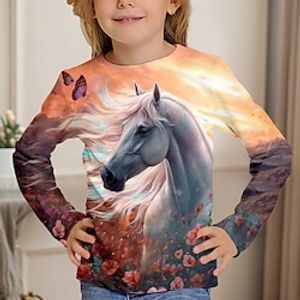 Girls' 3D Unicorn Horse Tee Shirt Long Sleeve 3D Print Spring Fall Active Fashion Cute Polyester Kids 3-12 Years Crew Neck Outdoor Casual Daily Regular Fit Lightinthebox