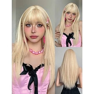 Gold Long Straight Synthetic Wigs with Bangs for Women Blonde Wig for Daily Party Cosplay Lolita Wig miniinthebox