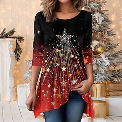 Women's T shirt Tee Christmas Shirt Christmas Tree Sparkly Pink Red Blue Flowing tunic Print Long Sleeve Party Christmas Weekend Festival  Holiday Round Neck Regular Fit Spring   Fall Lightinthebox