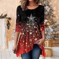 Women's T shirt Tee Christmas Shirt Christmas Tree Sparkly Pink Red Blue Flowing tunic Print Long Sleeve Party Christmas Weekend Festival  Holiday Round Neck Regular Fit Spring   Fall Lightinthebox - thumbnail