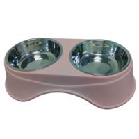 Pets Club Double Dining Pet Feedrer With Stainless Steel Bowl & Non Slip Rubber Bottom Pink For Cats And Dogs - 36.5X19X9