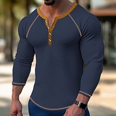Men's T shirt Tee Waffle Henley Shirt Henley Shirt Tee Top Long Sleeve Shirt Color Block Henley Street Vacation Long Sleeve Patchwork Clothing Apparel Fashion Designer Basic miniinthebox