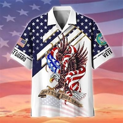 Men's Shirt Summer Hawaiian Shirt Graphic Prints Eagle National Flag Cuban Collar White Red Blue Dark Blue Casual Hawaiian Short Sleeve Button-Down Print Clothing Apparel Sports Fashion Streetwear miniinthebox