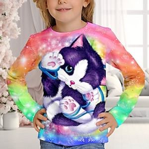 Girls' 3D Galaxy Cat Tee Shirt Long Sleeve 3D Print Fall Winter Active Fashion Cute Polyester Kids 3-12 Years Crew Neck Outdoor Casual Daily Regular Fit Lightinthebox