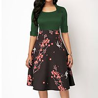 Women's A Line Dress Knee Length Dress Green Black Purple Half Sleeve Floral Color Block Patchwork Print Spring Summer Square Neck Stylish Casual Modern 2022 S M L XL XXL 3XL 4XL 5XL miniinthebox - thumbnail