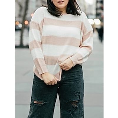 Women's Plus Size Pullover Sweater Jumper Crew Neck Ribbed Knit Polyester Patchwork Fall Winter Regular Outdoor Going out Weekend Stylish Plus Size Casual Long Sleeve Striped Green Khaki S M L Lightinthebox