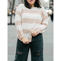 Women's Plus Size Pullover Sweater Jumper Crew Neck Ribbed Knit Polyester Patchwork Fall Winter Regular Outdoor Going out Weekend Stylish Plus Size Casual Long Sleeve Striped Green Khaki S M L Lightinthebox - thumbnail