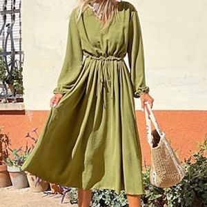 Women's Casual Dress A Line Dress Midi Dress Green Black Long Sleeve Pure Color Patchwork Fall Winter V Neck Casual 2022 S M L XL / Cotton miniinthebox