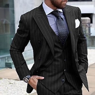 Black Navy Blue Green Men's Wedding Suits Striped 3 Piece Business Formal WorkWear Plus Size Double Breasted Six-buttons 2024 Lightinthebox
