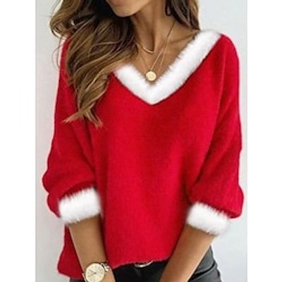 Christmas Shirt Women's Shirt Blouse Plain Red Long Sleeve Christmas Casual Festival / Holiday Fur Collar Regular Fit Fall  Winter miniinthebox