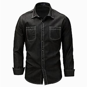 Men's Shirt Solid Color Denim Button-Down Long Sleeve Casual Tops Cotton Simple Casual Nostalgic Comfortable Black Lightinthebox