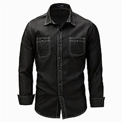 Men's Shirt Solid Color Denim Button-Down Long Sleeve Casual Tops Cotton Simple Casual Nostalgic Comfortable Black Lightinthebox