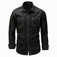 Men's Shirt Solid Color Denim Button-Down Long Sleeve Casual Tops Cotton Simple Casual Nostalgic Comfortable Black Lightinthebox - thumbnail