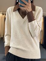Women's Casual Shirt Polo Collar Patchwork Sweater