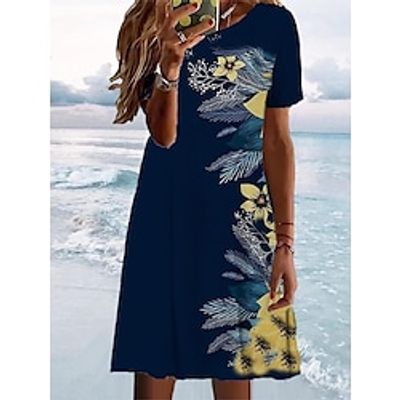 Women's T Shirt Dress Casual Dress Summer Dress Graphic Floral Print Crew Neck Mini Dress Fashion Modern Daily Holiday Short Sleeve Regular Fit Dark Blue Summer Spring S M L XL XXL Lightinthebox