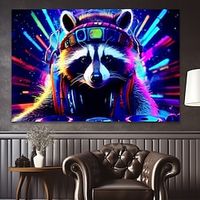 AnimalsWall Art Canvas Colorful Raccoon Listening to Music Prints and Posters Portrait Pictures Decorative Fabric Painting For Living Room Pictures No Frame miniinthebox