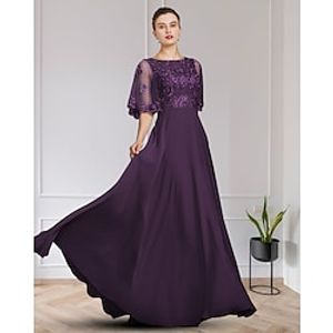 A-Line Mother of the Bride Dress Elegant Jewel Neck Floor Length Chiffon Lace Half Sleeve with Beading Appliques 2022 Lightinthebox