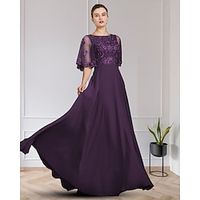 A-Line Mother of the Bride Dress Elegant Jewel Neck Floor Length Chiffon Lace Half Sleeve with Beading Appliques 2022 Lightinthebox - thumbnail