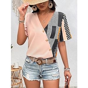 Women's Shirt Blouse Polka Dot Pink Print Button Pocket Short Sleeve Casual Fashion V Neck Regular Fit Summer Lightinthebox