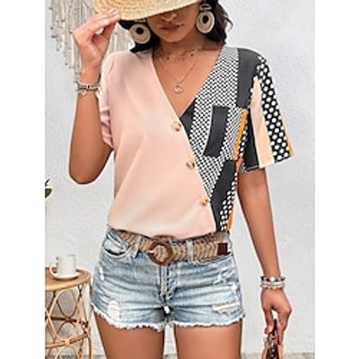 Women's Shirt Blouse Polka Dot Pink Print Button Pocket Short Sleeve Casual Fashion V Neck Regular Fit Summer Lightinthebox