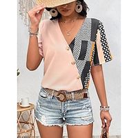 Women's Shirt Blouse Polka Dot Pink Print Button Pocket Short Sleeve Casual Fashion V Neck Regular Fit Summer Lightinthebox - thumbnail