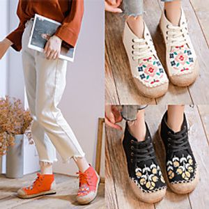 Women's Sneakers Canvas Shoes Cuban Heel Round Toe Booties Ankle Boots Canvas Tissage Volant Lace-up Floral White Black Light Red miniinthebox
