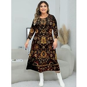 Women's Plus Size Curve Casual Dress A Line Dress Print Dress Print Midi Dress Long Sleeve Print Crew Neck Fashion Outdoor Yellow Blue Fall Winter S M L XL XXL Lightinthebox