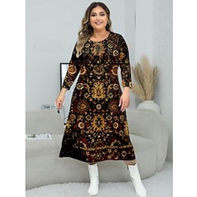Women's Plus Size Curve Casual Dress A Line Dress Print Dress Print Midi Dress Long Sleeve Print Crew Neck Fashion Outdoor Yellow Blue Fall Winter S M L XL XXL Lightinthebox