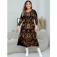 Women's Plus Size Curve Casual Dress A Line Dress Print Dress Print Midi Dress Long Sleeve Print Crew Neck Fashion Outdoor Yellow Blue Fall Winter S M L XL XXL Lightinthebox - thumbnail