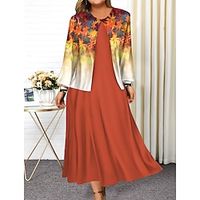 Women's Plus Size Curve Casual Dress Dress Set Two Piece Dress Floral Gradient Midi Dress Long Sleeve Print Crew Neck Fashion Outdoor Red Blue Fall Winter L XL XXL 3XL 4XL Lightinthebox - thumbnail