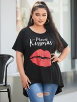 YOINS Plus Size Black Round Neck Graphic Short Sleeves Tee - thumbnail