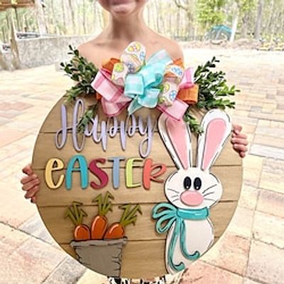 Easter Decorative Hanging Sign Adorable Bunny Wreath Home Wall Decoration, Round Wooden Easter Egg Hanging Sign, Perfect for Front Door Display Lightinthebox