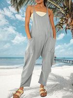 Zipper Pocket Solid Color Casual Loose Suspenders Jumpsuit - thumbnail