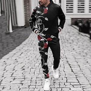 Men's Tracksuit Hoodies Set Black Hooded Graphic Rose 2 Piece Print Sports  Outdoor Casual Sports 3D Print Basic Streetwear Designer Fall Spring Clothing Apparel Hoodies Sweatshirts  Lightinthebox