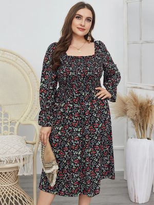 Plus Size Square Neck Calico Backless Design Long Sleeves Midi Dress Plus Size Square Neck Calico Backless Design Long Sleeves Midi Dress