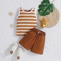 2 Pieces Toddler Girls' Children's Day Stripe Crewneck Tank Top Shorts Set Set Sleeveless Fashion Outdoor 3-7 Years Summer Brown Lightinthebox