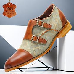 Men's Monk shoes Formal Shoes Brogue Dress Shoes Leather Italian Full-Grain Cowhide Comfortable Slip Resistant Magic Tape Buckle Brown Color Block Lightinthebox