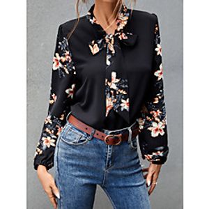 Women's Floral Theme Blouse Shirt Floral Long Sleeve Lace up Bow Print V Neck Casual Streetwear Tops Black miniinthebox
