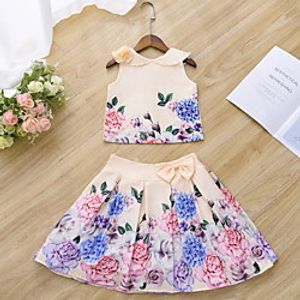 Kids Girls' Clothing Set 2 Pieces Sleeveless White Beige Floral Graphic Pleated Print Indoor Outdoor Cute Sweet Regular Above Knee 2-6 Years Lightinthebox