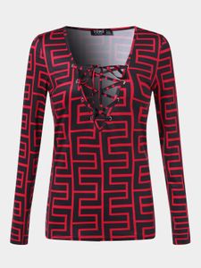 Geometric Pattern Criss-cross Deep V Neck Long Sleeves Tee